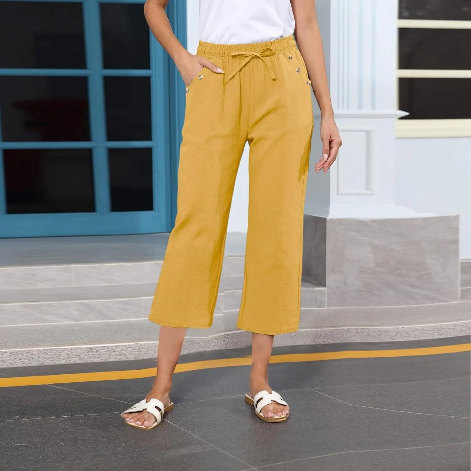 Linen Capri Pants for Women Soft Breathable Wrinkle Free Plus Size Wide Leg Trousers Elastic Drawstring Waist Pants