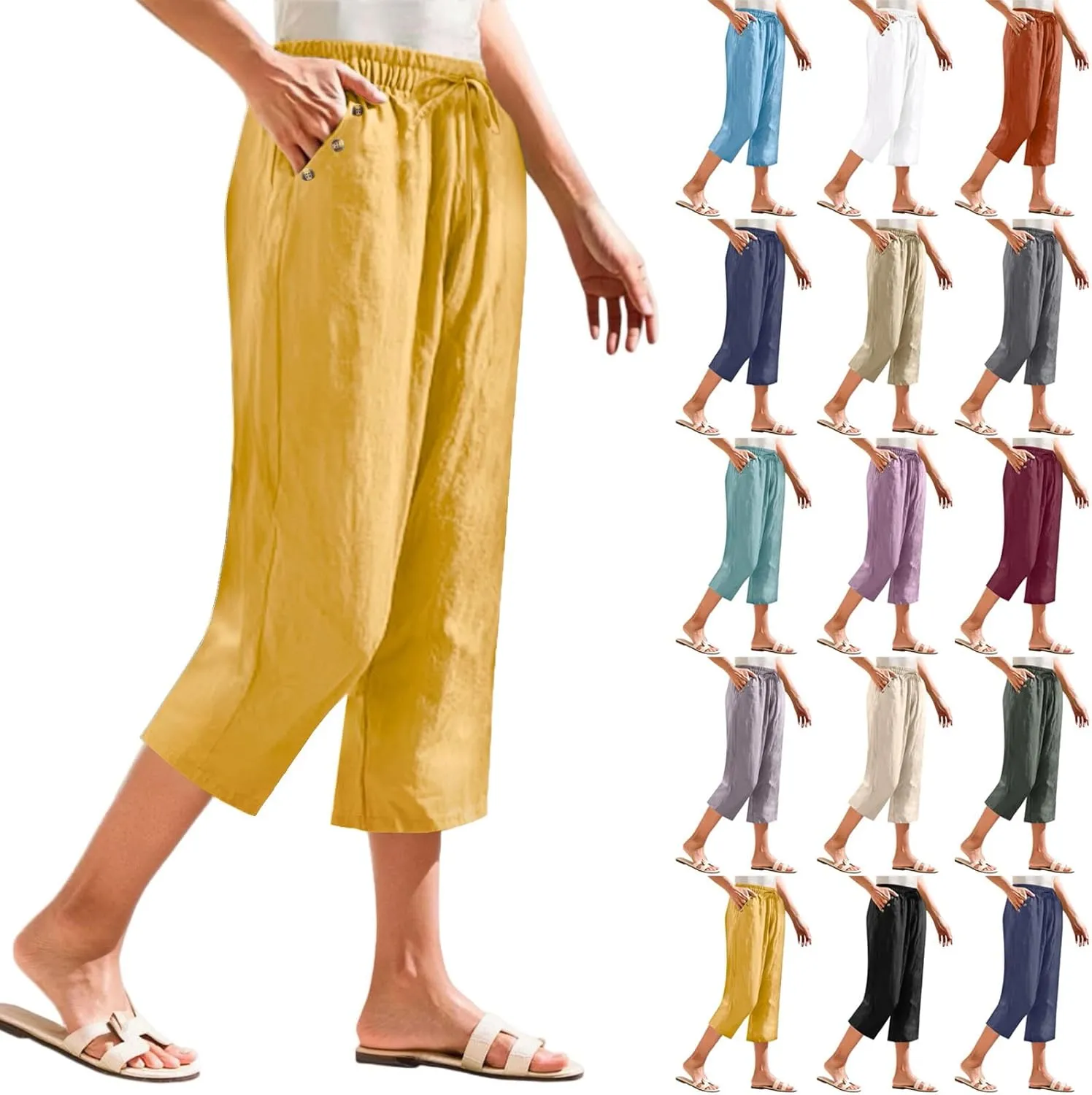 Linen Capri Pants for Women Soft Breathable Wrinkle Free Plus Size Wide Leg Trousers Elastic Drawstring Waist Pants