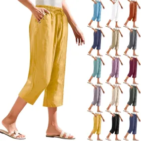 Linen Capri Pants for Women Soft Breathable Wrinkle Free Plus Size Wide Leg Trousers Elastic Drawstring Waist Pants