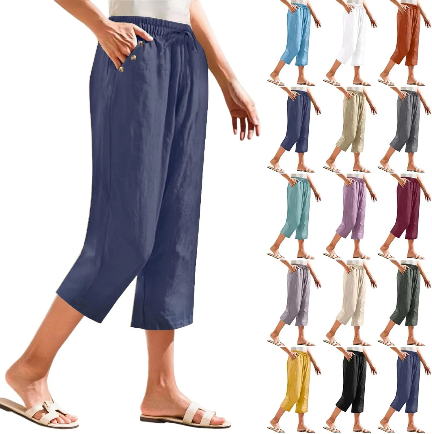 Linen Capri Pants for Women Soft Breathable Wrinkle Free Plus Size Wide Leg Trousers Elastic Drawstring Waist Pants