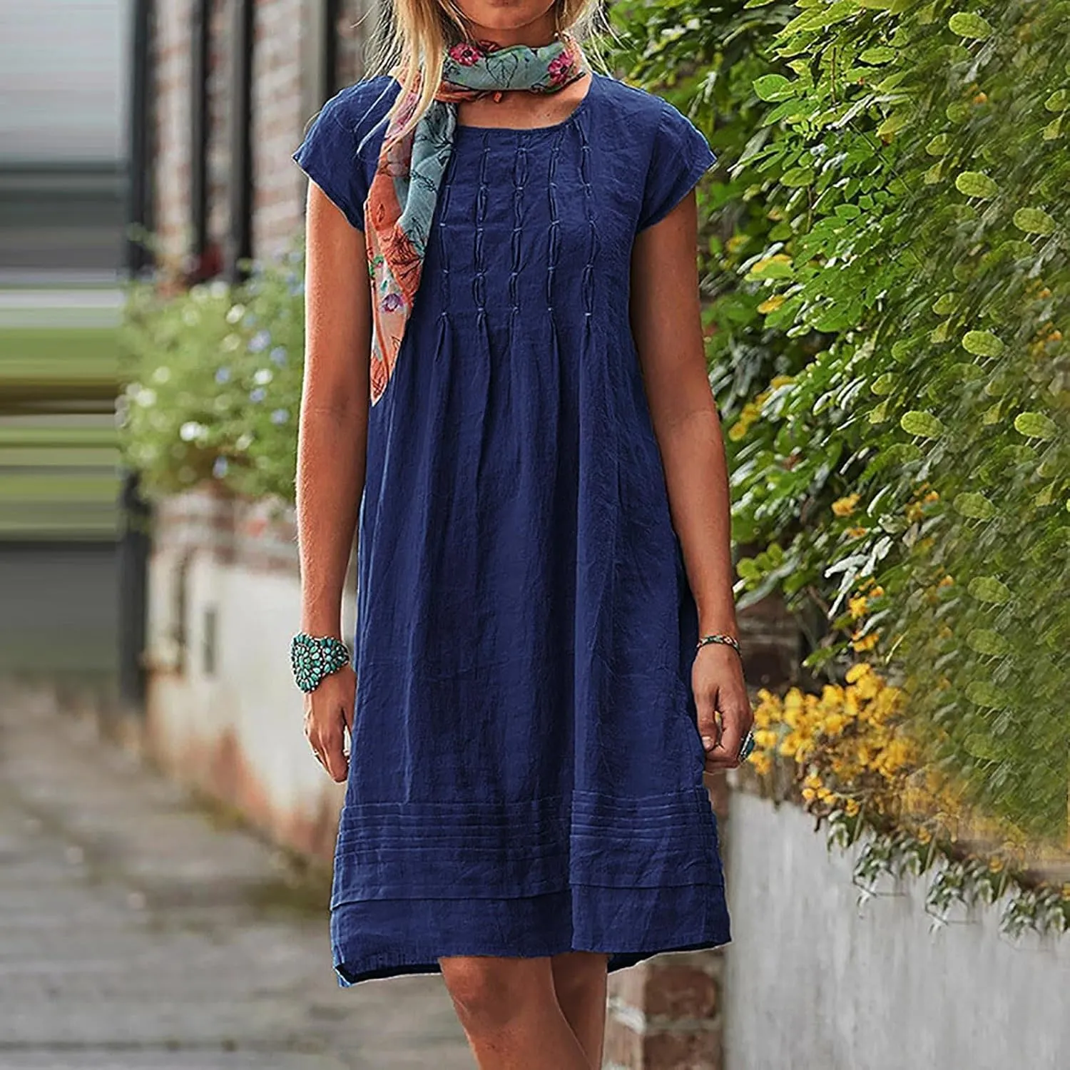 Linen Dress for Women Pleated Summer Dresses Short Sleeve Crewneck Slim Mini Dresses Petite Beach Vacation Sundress