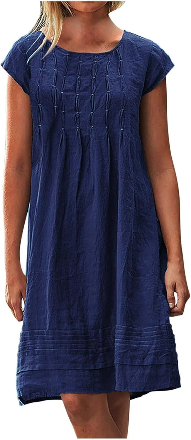 Linen Dress for Women Pleated Summer Dresses Short Sleeve Crewneck Slim Mini Dresses Petite Beach Vacation Sundress