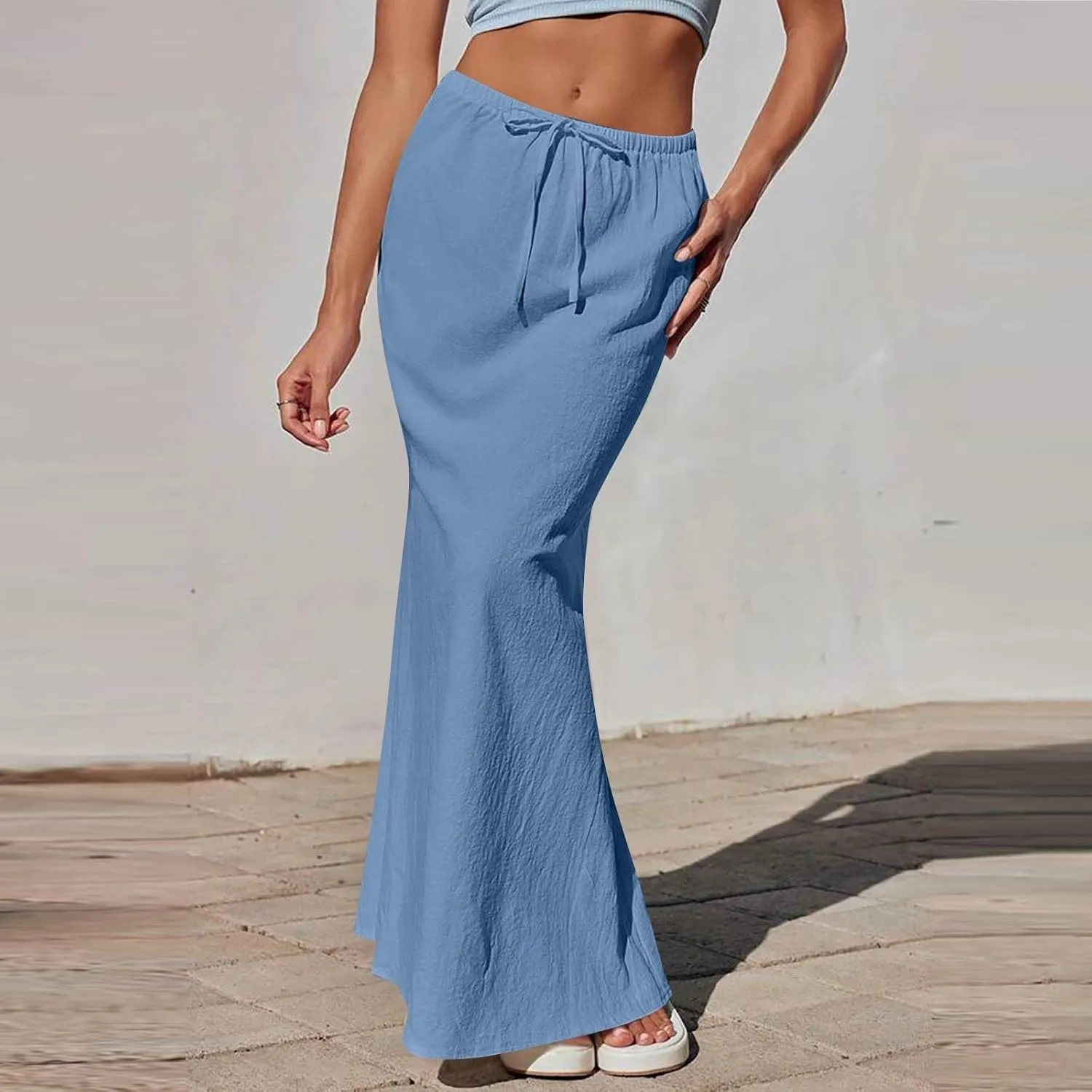 Linen Maxi Skirt for Women Summer Solid Flared Hem Skirt Drawstring Elastic Waisted Flowy Long Skirts with Back Slit
