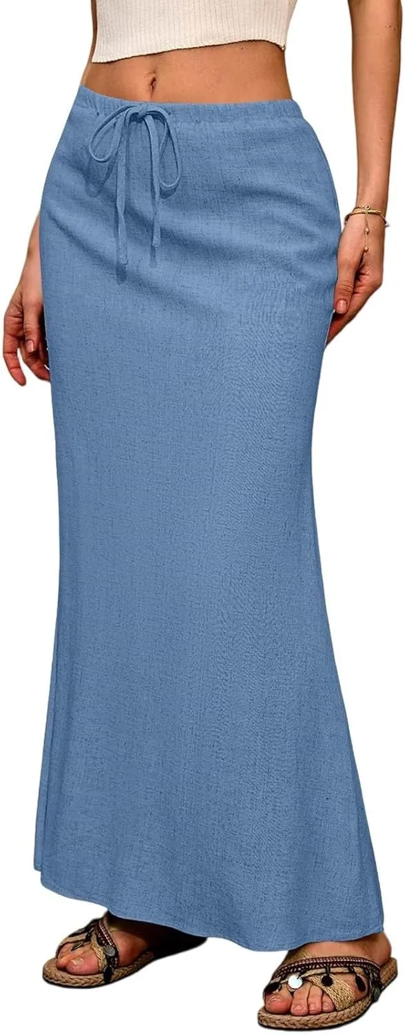Linen Maxi Skirt for Women Summer Solid Flared Hem Skirt Drawstring Elastic Waisted Flowy Long Skirts with Back Slit