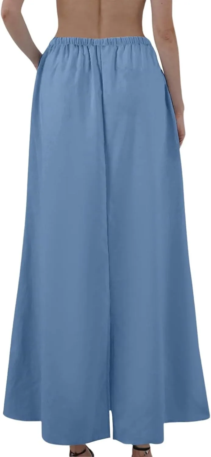 Linen Maxi Skirt for Women Summer Solid Flared Hem Skirt Drawstring Elastic Waisted Flowy Long Skirts with Back Slit