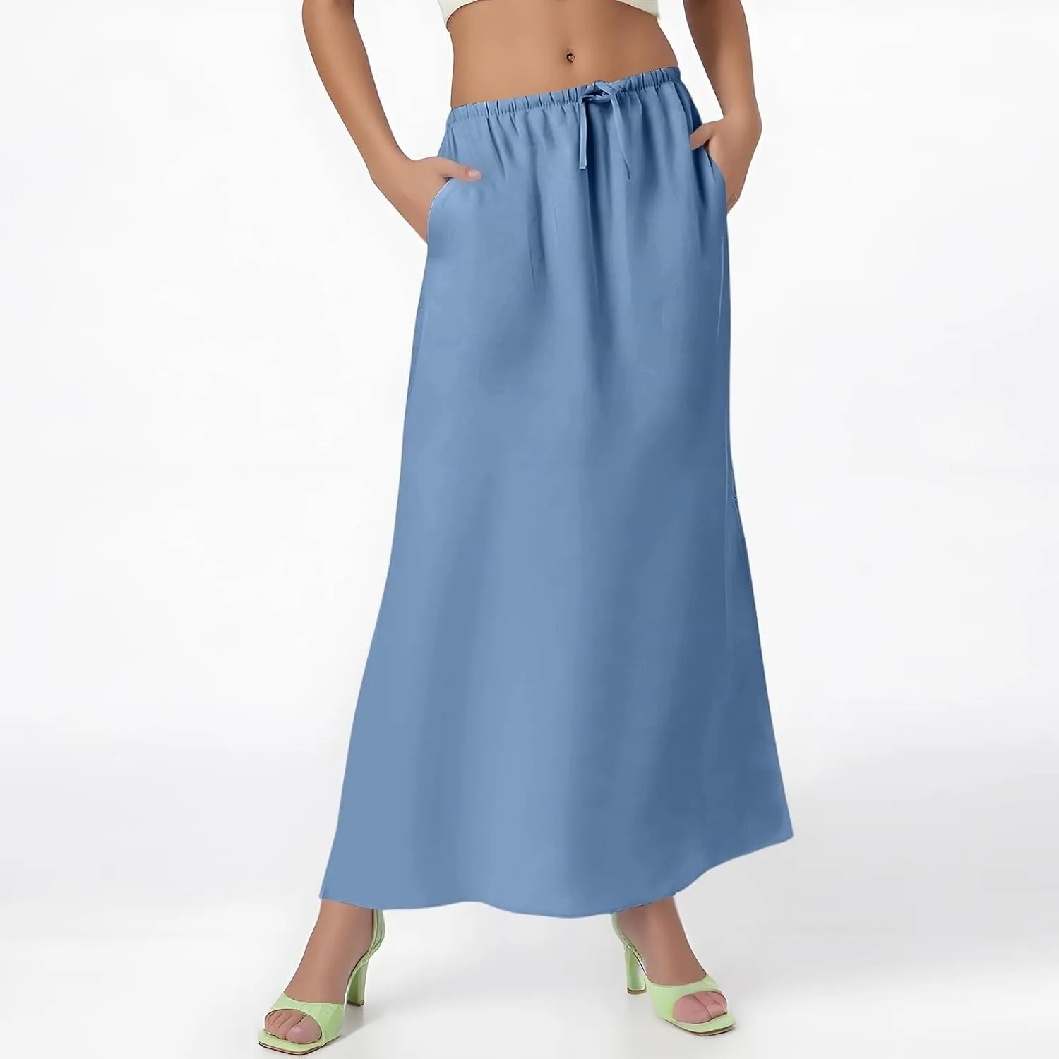 Linen Maxi Skirt for Women Summer Solid Flared Hem Skirt Drawstring Elastic Waisted Flowy Long Skirts with Back Slit