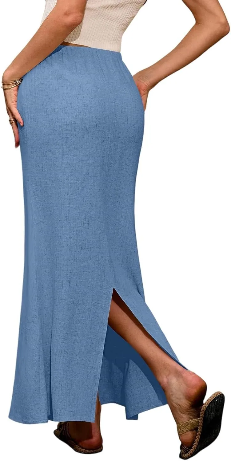 Linen Maxi Skirt for Women Summer Solid Flared Hem Skirt Drawstring Elastic Waisted Flowy Long Skirts with Back Slit