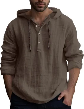 Linen Shirts for Men Lightweight Button Up Long Sleeve Shirts with Hood Casual Basic Loose Fit Breathable Boho Beach Shirt