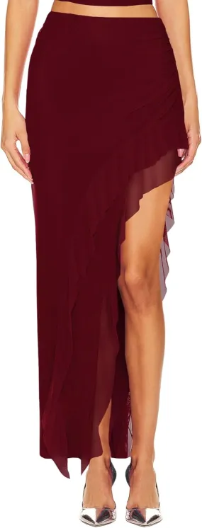 Lrady Women's Mesh Ruched Flowy Beach Skirt Stretchy High Waisted High Low Asymmetrical Ruffle Long Skirts