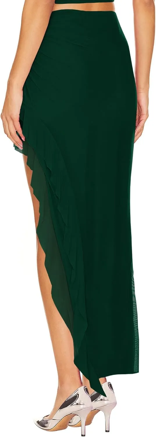 Lrady Women's Mesh Ruched Flowy Beach Skirt Stretchy High Waisted High Low Asymmetrical Ruffle Long Skirts