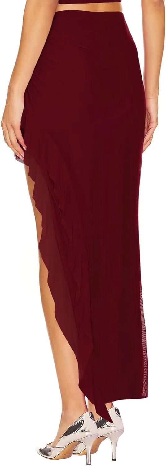 Lrady Women's Mesh Ruched Flowy Beach Skirt Stretchy High Waisted High Low Asymmetrical Ruffle Long Skirts