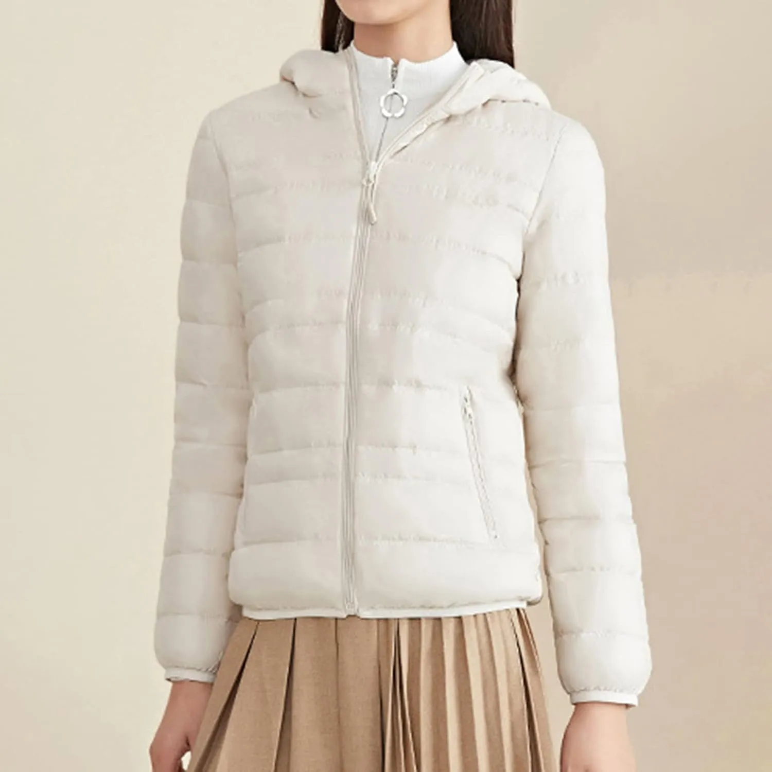 Lu's Chic Women's Down Jacket Puffer Coat Hooded Zipper Zip Up Hood Outerwear Ultra Lightweight