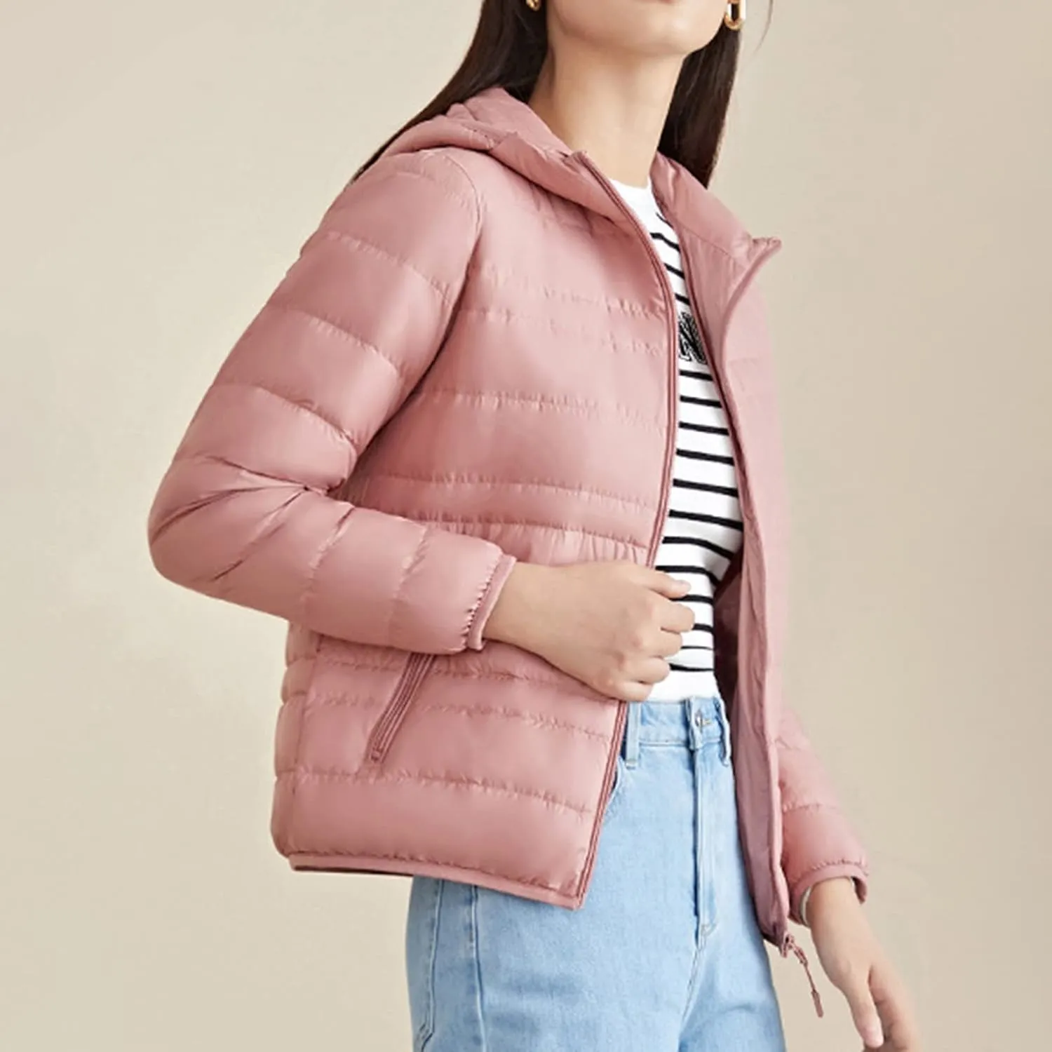 Lu's Chic Women's Down Jacket Puffer Coat Hooded Zipper Zip Up Hood Outerwear Ultra Lightweight