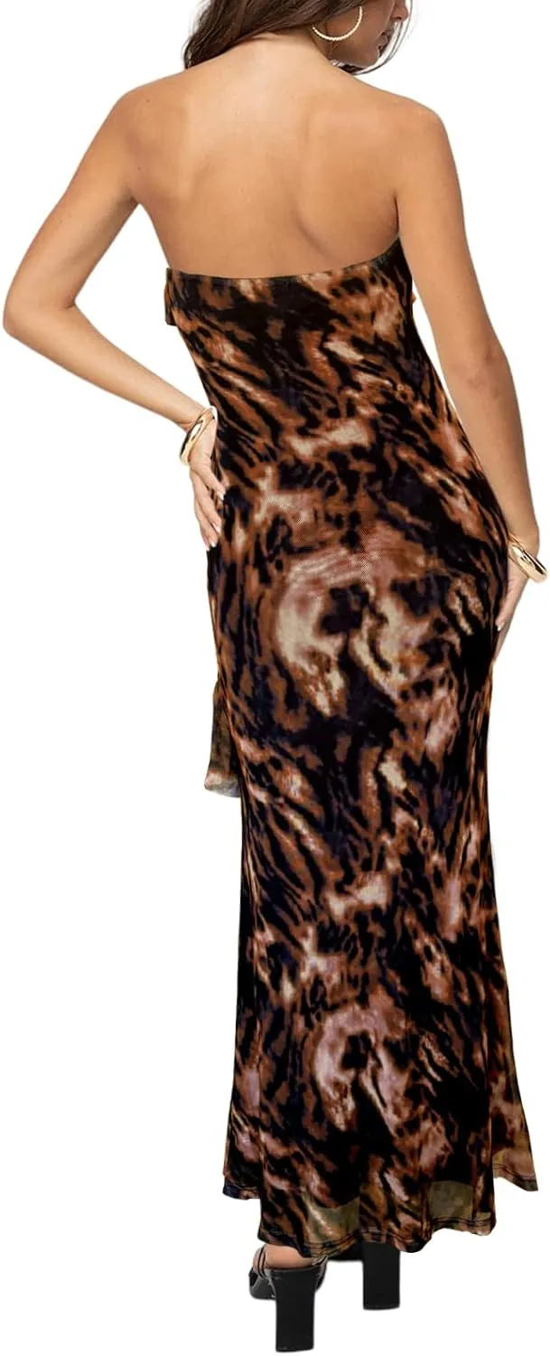 MAYFASEY Women's Strapless Bodycon Maxi Tube Top Dress Sexy Summer 2025 Stretch Mesh Ruffle Slim Party Cocktail Dresses