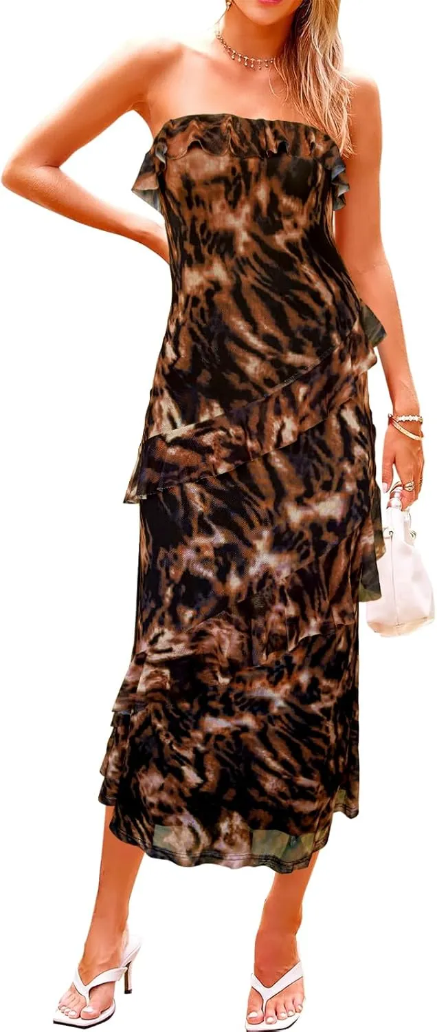 MAYFASEY Women's Strapless Bodycon Maxi Tube Top Dress Sexy Summer 2025 Stretch Mesh Ruffle Slim Party Cocktail Dresses