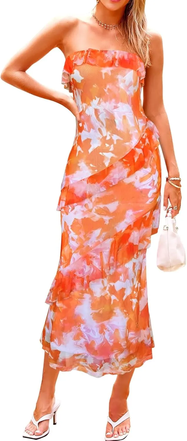 MAYFASEY Women's Strapless Bodycon Maxi Tube Top Dress Sexy Summer 2025 Stretch Mesh Ruffle Slim Party Cocktail Dresses