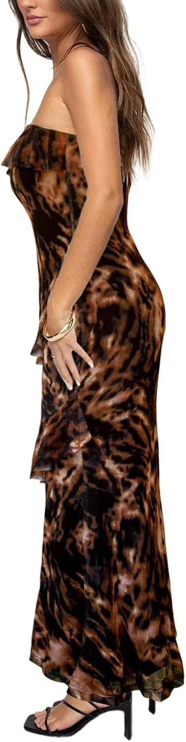 MAYFASEY Women's Strapless Bodycon Maxi Tube Top Dress Sexy Summer 2025 Stretch Mesh Ruffle Slim Party Cocktail Dresses