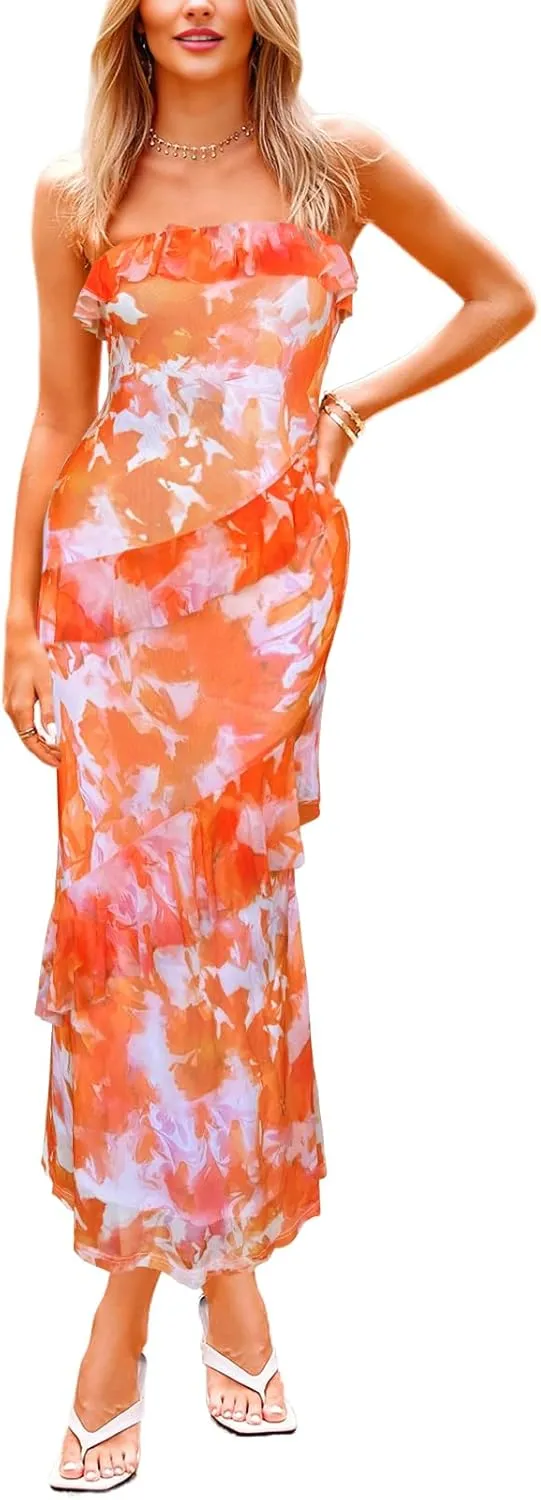 MAYFASEY Women's Strapless Bodycon Maxi Tube Top Dress Sexy Summer 2025 Stretch Mesh Ruffle Slim Party Cocktail Dresses