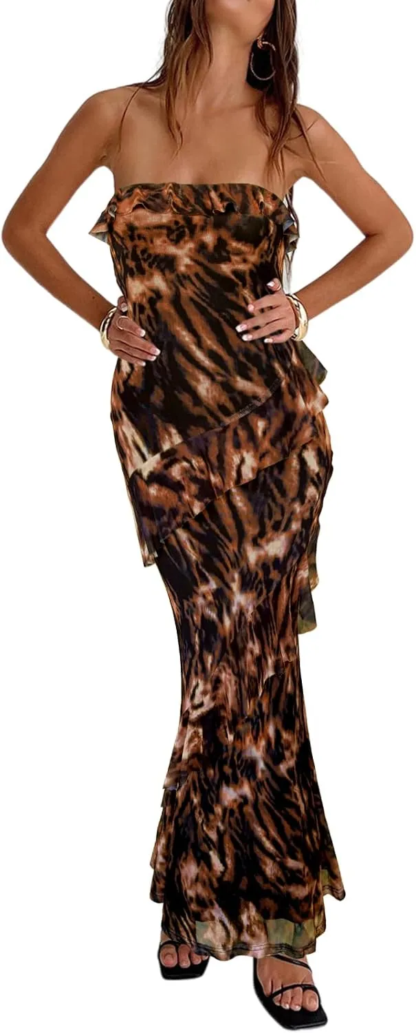 MAYFASEY Women's Strapless Bodycon Maxi Tube Top Dress Sexy Summer 2025 Stretch Mesh Ruffle Slim Party Cocktail Dresses