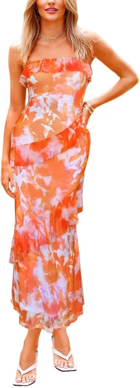 MAYFASEY Women's Strapless Bodycon Maxi Tube Top Dress Sexy Summer 2025 Stretch Mesh Ruffle Slim Party Cocktail Dresses