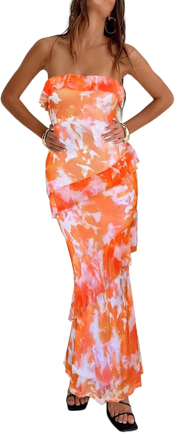 MAYFASEY Women's Strapless Bodycon Maxi Tube Top Dress Sexy Summer 2025 Stretch Mesh Ruffle Slim Party Cocktail Dresses