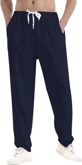 Men's Casual Cotton Linen Pants 2025 Trendy Summer Beach Lightweight Drawstring Yoga Trousers with Pockets