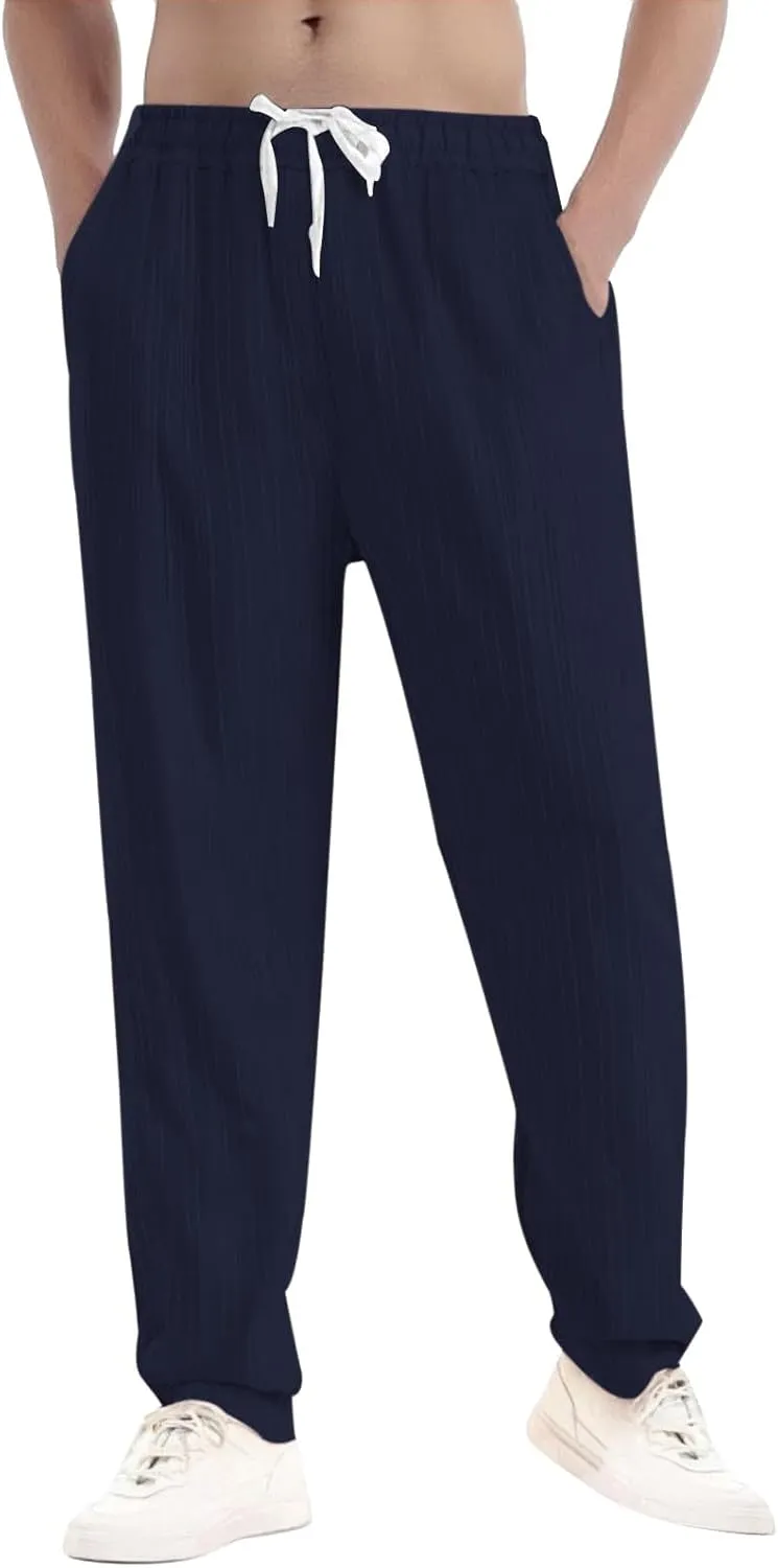 Men's Casual Cotton Linen Pants 2025 Trendy Summer Beach Lightweight Drawstring Yoga Trousers with Pockets