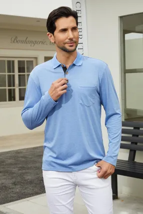 Men's Casual Polo Shirts Classic Button Basic Long Sleeve Shirt Solid Color Cotton Tees Stylish Tops