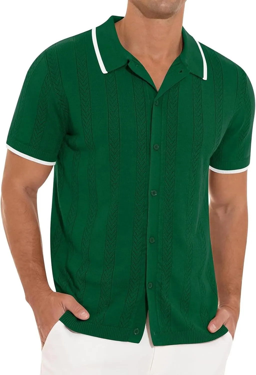 Men's Knit Openwork Shirt Button Down Short Sleeve Casual Top Breathable Solid Color Lapel Summer Holiday Loose Fit Beachwear