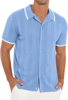 Men's Knit Openwork Shirt Button Down Short Sleeve Casual Top Breathable Solid Color Lapel Summer Holiday Loose Fit Beachwear