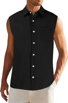 Men's Linen Cotton Tank Top Solid Color Sleeveless Single Breasted Lapel Vest Quick Dry Breathable Island Summer Beach Shirt
