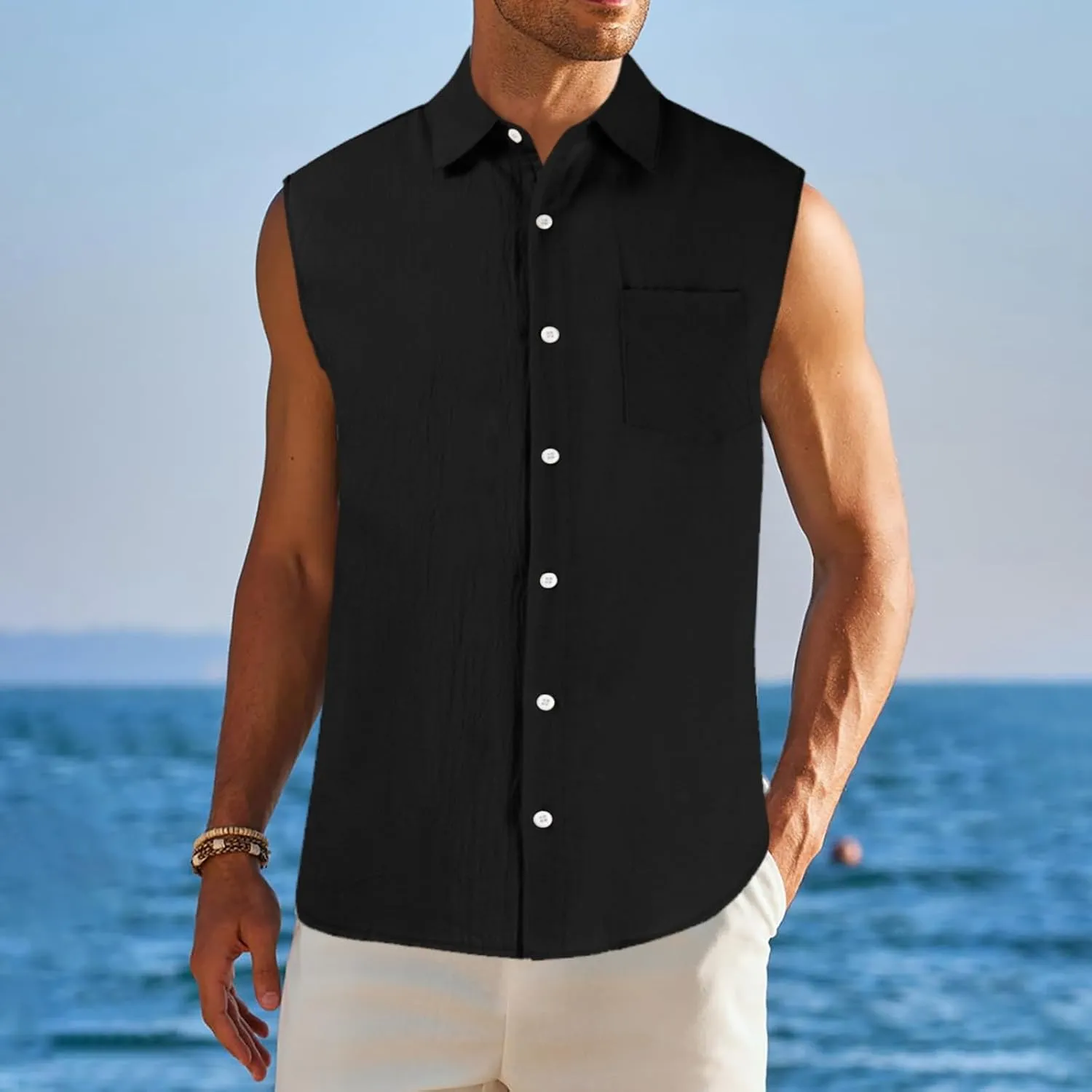 Men's Linen Cotton Tank Top Solid Color Sleeveless Single Breasted Lapel Vest Quick Dry Breathable Island Summer Beach Shirt
