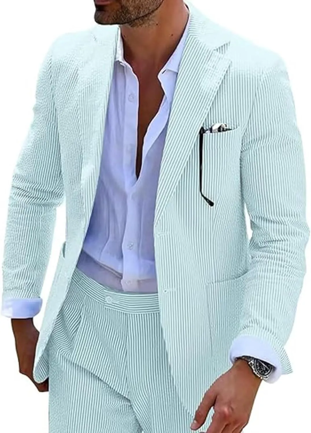 Mens Seersucker Summer Suits 2 Pieces Blazer Pants Suit for Wedding Mens Formal Suits Slim Fit Chic