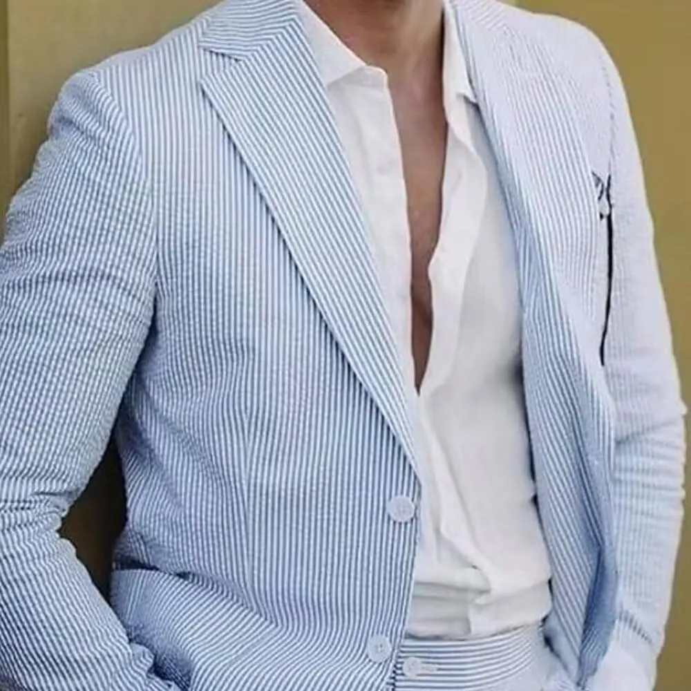 Mens Seersucker Summer Suits 2 Pieces Blazer Pants Suit for Wedding Mens Formal Suits Slim Fit Chic