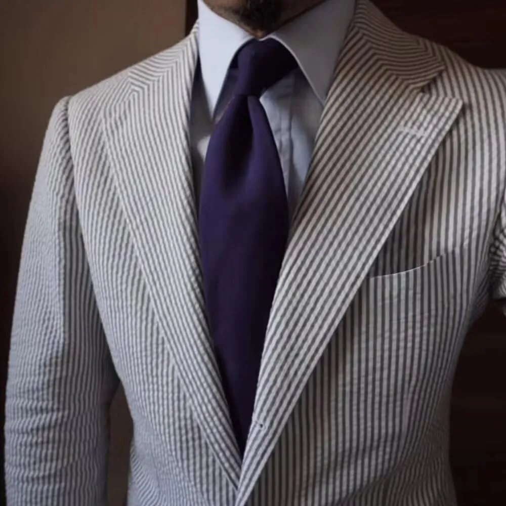 Mens Seersucker Summer Suits 2 Pieces Blazer Pants Suit for Wedding Mens Formal Suits Slim Fit Chic