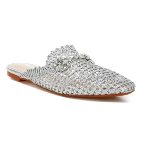 Metallic Woven Diamante Mules