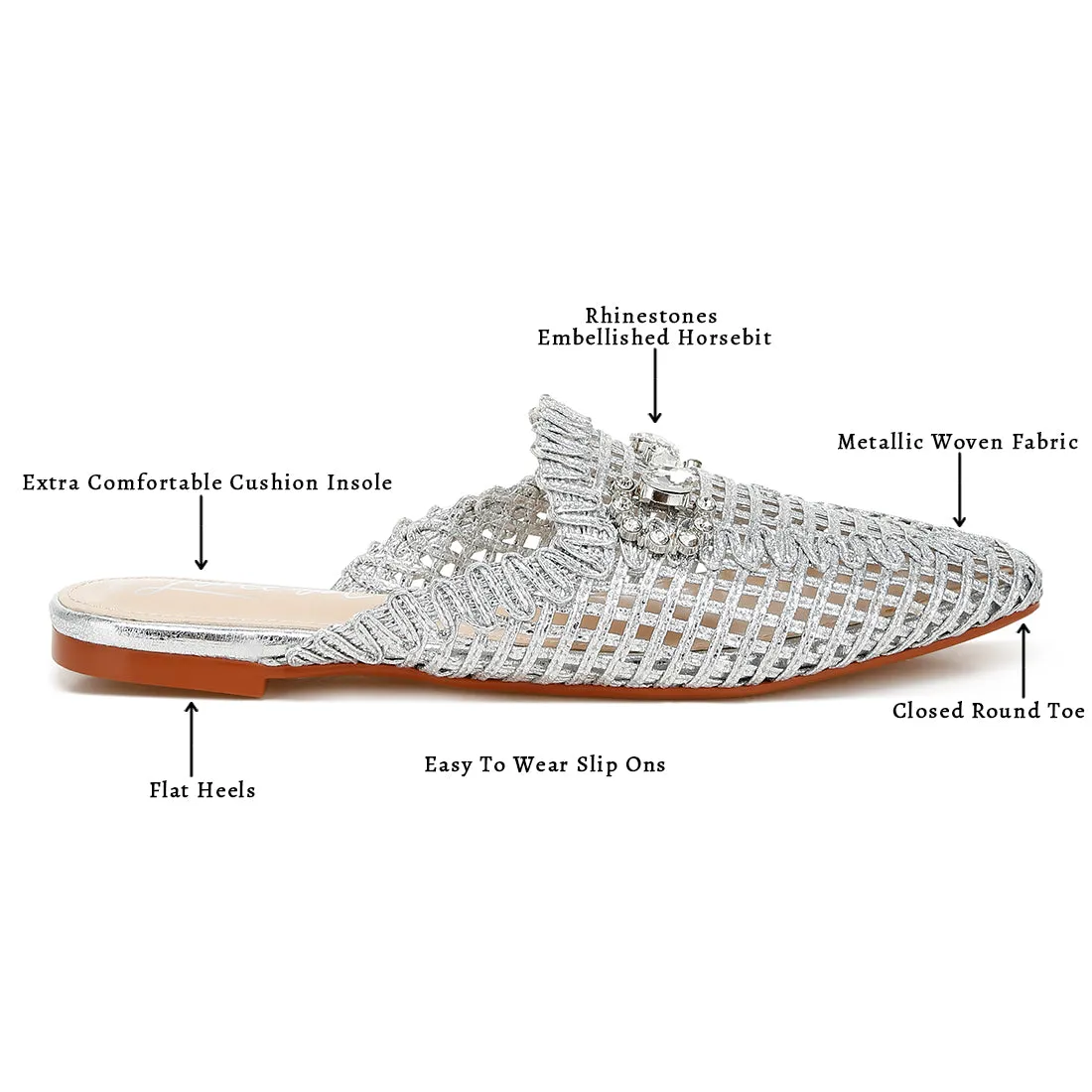 Metallic Woven Diamante Mules