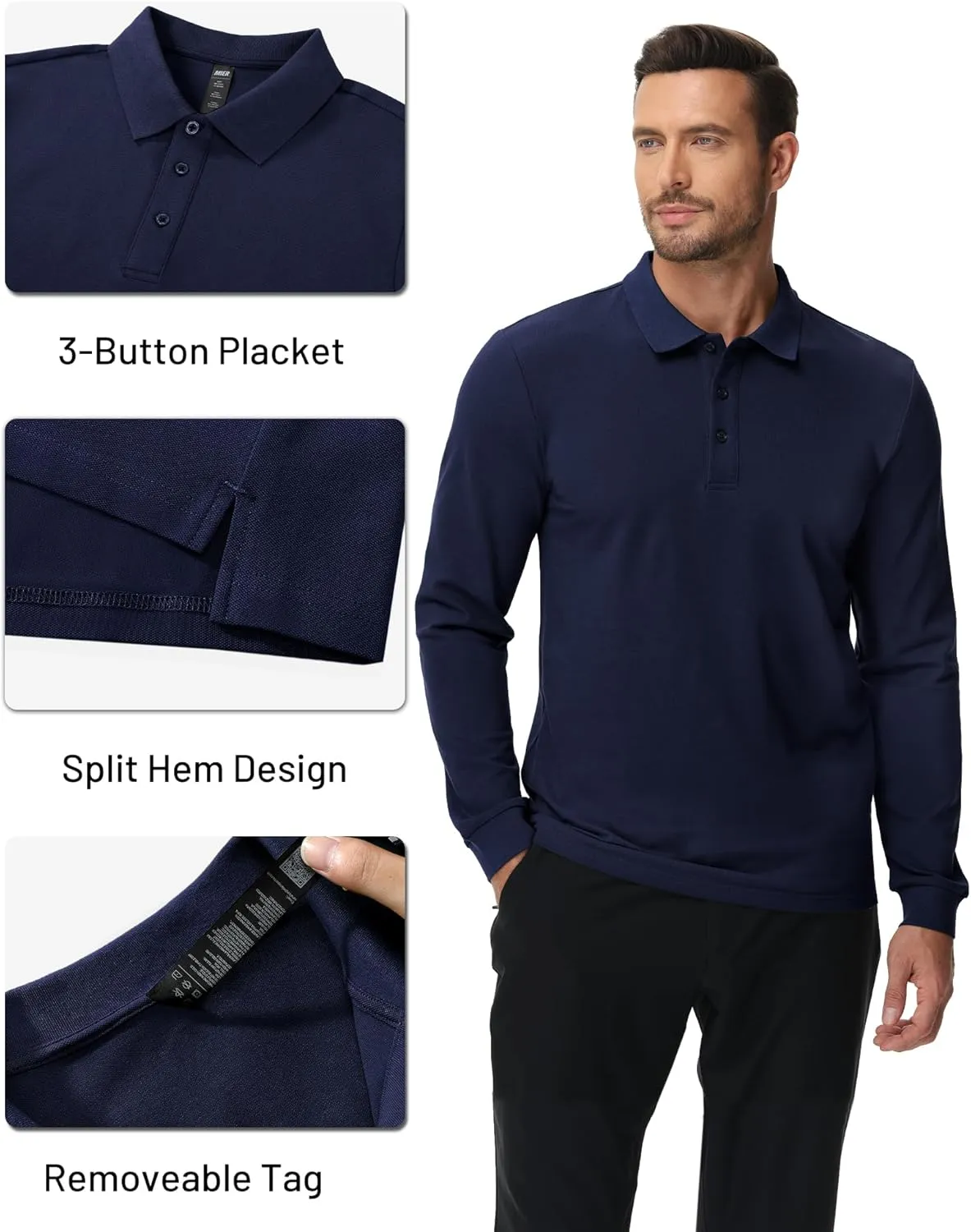 MIER Polo Shirts for Men Cotton Long Sleeve Golf Tennis Collared Shirt for Casual Work Travel, 3 Buttons, Ultra Soft