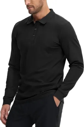 MIER Polo Shirts for Men Cotton Long Sleeve Golf Tennis Collared Shirt for Casual Work Travel, 3 Buttons, Ultra Soft