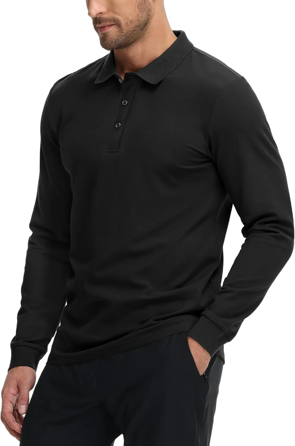 MIER Polo Shirts for Men Cotton Long Sleeve Golf Tennis Collared Shirt for Casual Work Travel, 3 Buttons, Ultra Soft