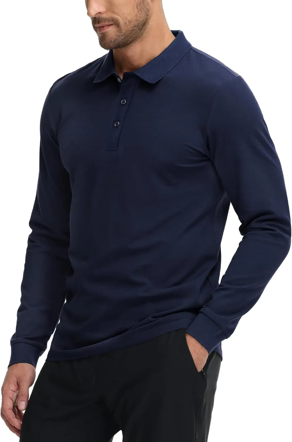MIER Polo Shirts for Men Cotton Long Sleeve Golf Tennis Collared Shirt for Casual Work Travel, 3 Buttons, Ultra Soft