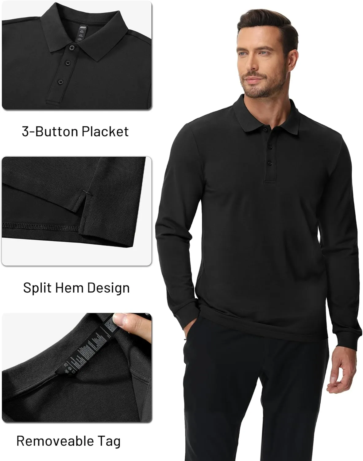 MIER Polo Shirts for Men Cotton Long Sleeve Golf Tennis Collared Shirt for Casual Work Travel, 3 Buttons, Ultra Soft