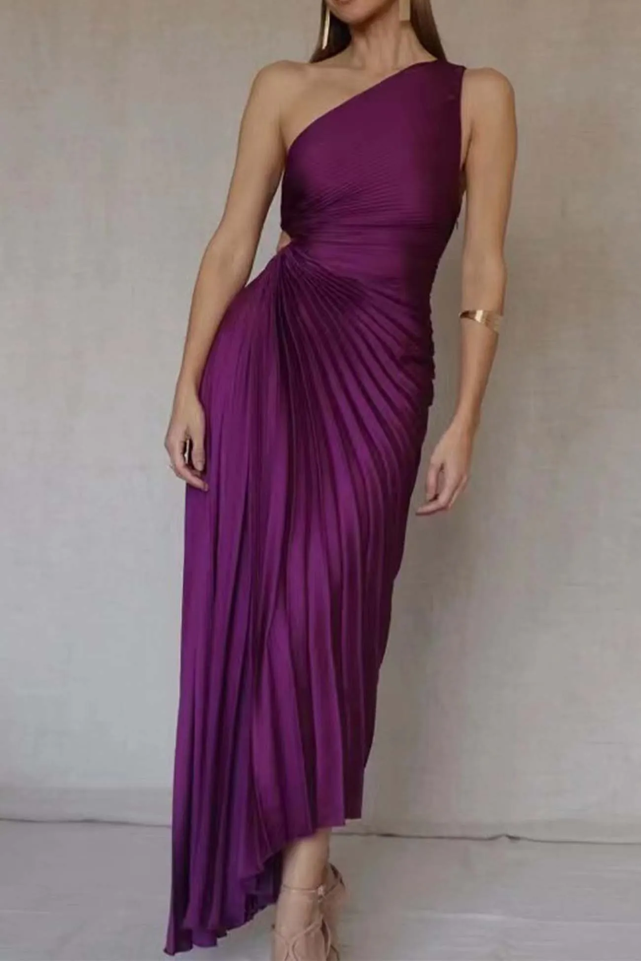 One Shoulder Pleated Cutout Asymmetrical Dress