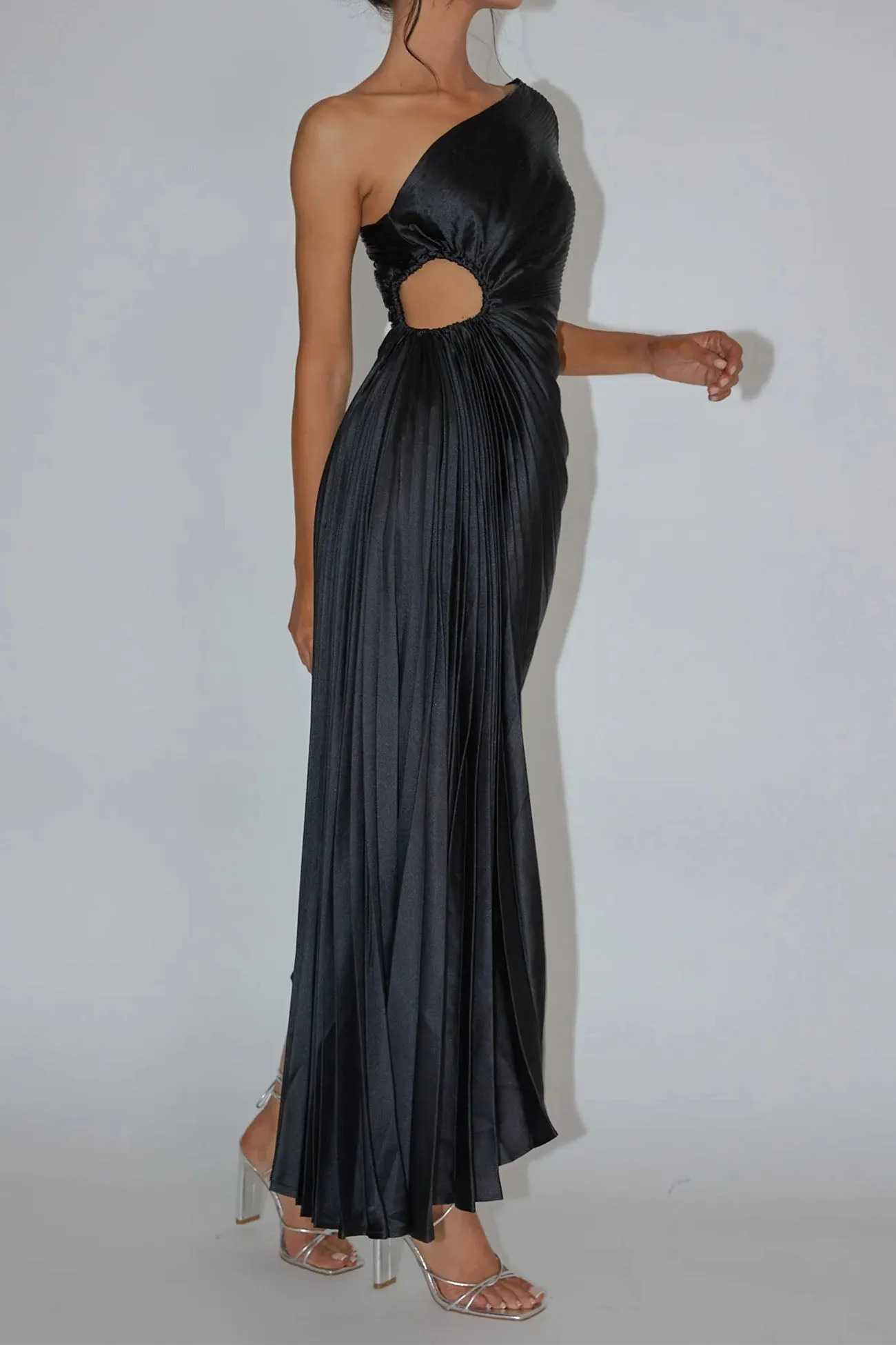 One Shoulder Pleated Cutout Asymmetrical Dress