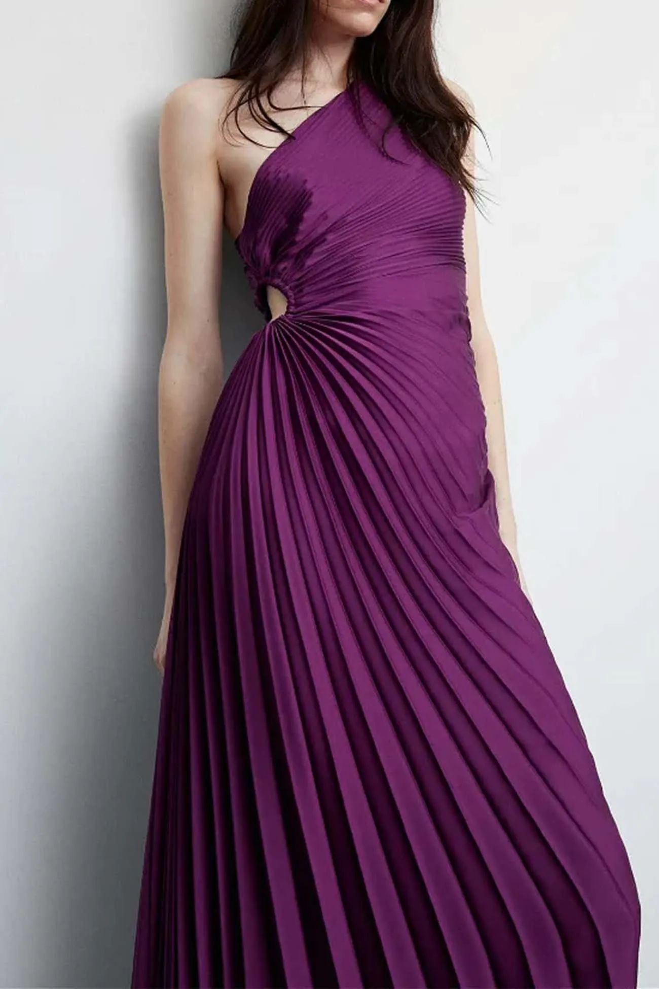 One Shoulder Pleated Cutout Asymmetrical Dress