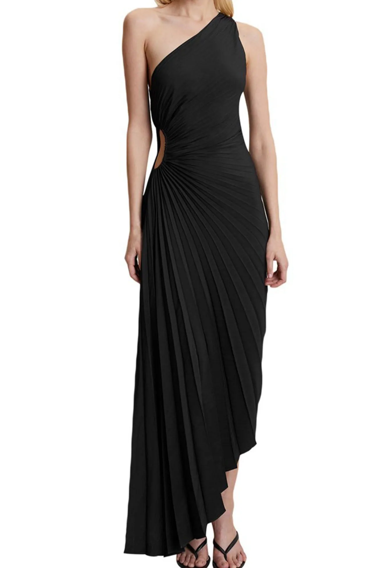 One Shoulder Pleated Cutout Asymmetrical Dress