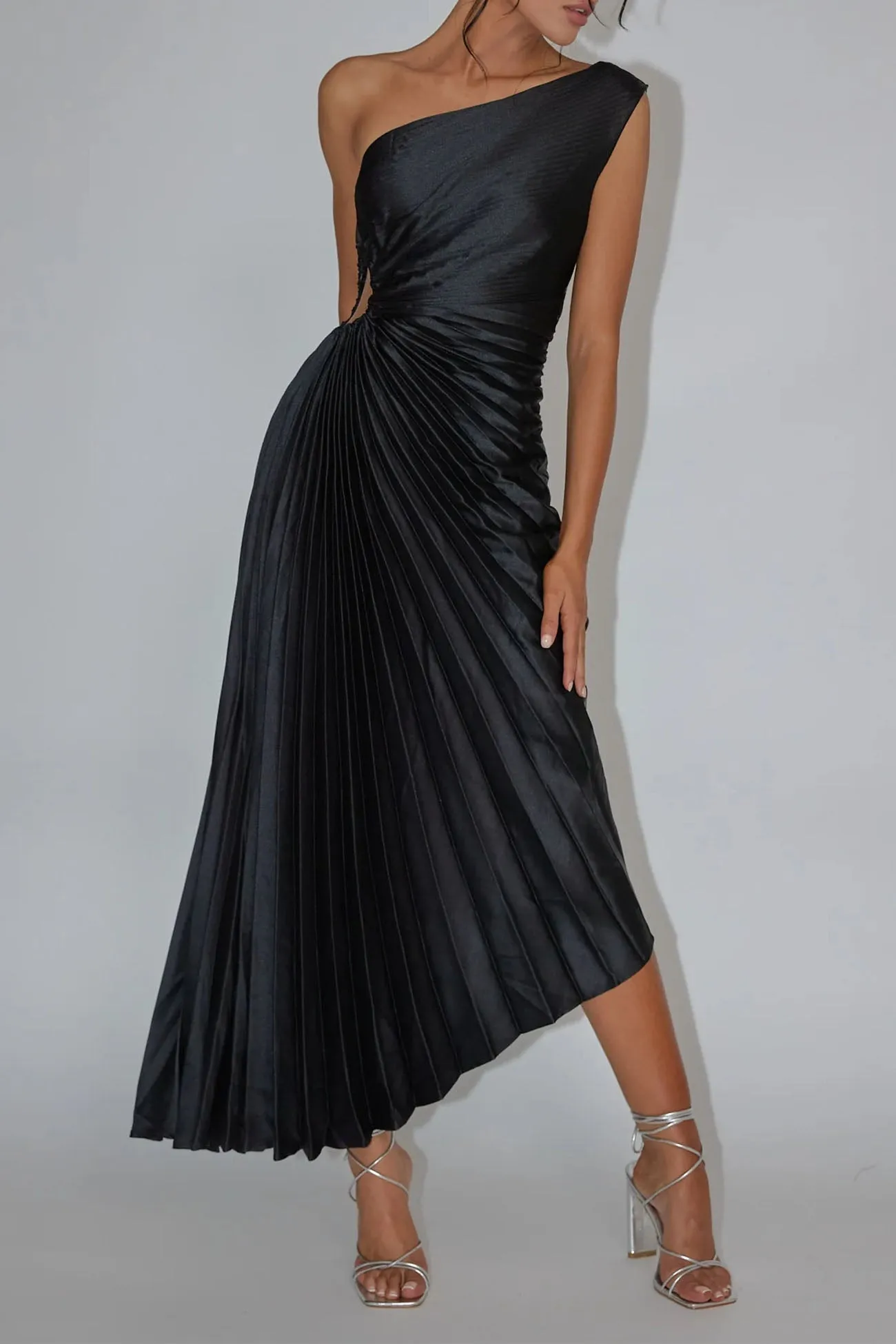 One Shoulder Pleated Cutout Asymmetrical Dress