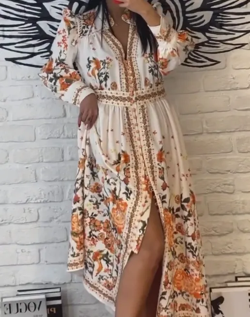 Orange Printed Elegant Dress