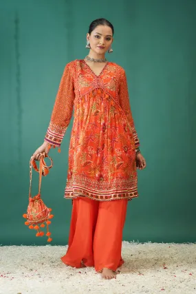 Orange Traditional Printed Chinon Silk Palazzo Set