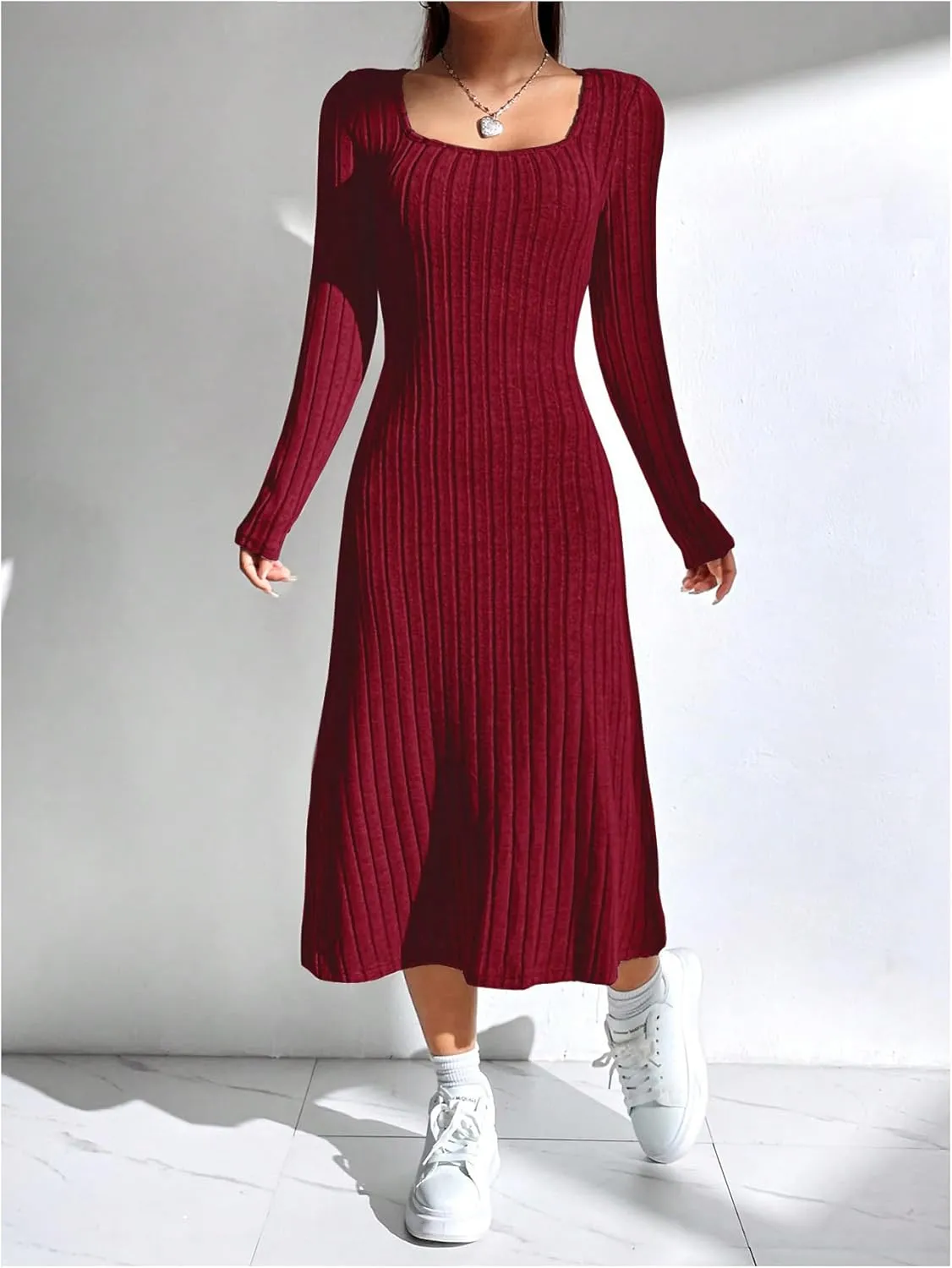 OYOANGLE Women's Square Neck Long Sleeve A Line Sweater Dress Ribbed Knit Solid Midi Dresses